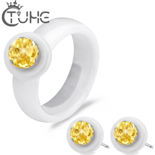 Big Yellow Round Satetment Jewelry Set For Women bijoux mariage Black White Ceramic Rings & Earring Jewelry Set Birthday Gift