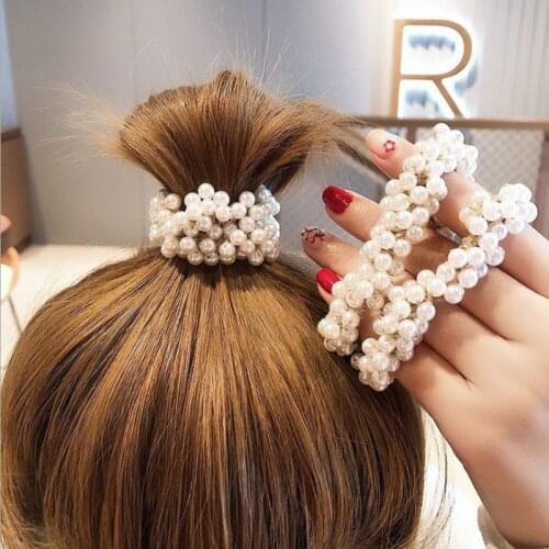 MeiLD Pearl Beads Ponytail Hairwear Women Girls Scrunchie Set Ponytail Holder Pearl Flower Beads Headwear Set Solid Hair Bands
