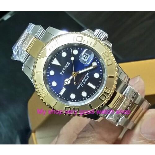 41MM PARNIS Blue dial Automatic Self-Wind movement Two-way rotation bezel Sapphire Crystal luminous mens watch G388