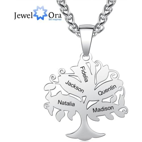 JewelOra Personalized Family Tree Necklace with 5 Names Engraving Stainless Steel Tree of Life Necklaces for Women Gift for Mom