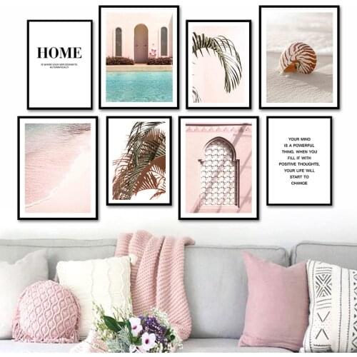 Palm Leaf Pink Beach Conch Golden Door Wall Art Canvas Painting Nordic Posters And Prints Wall Pictures For Living Room Decor