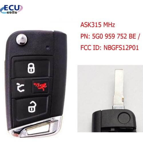 4B 315MHz Flip Remote Key for Volkswagen Golf GTI 2015-2019 PN: 5G0 959 752 BE / FCC ID: NBGFS12P01 / HU66 with Recess