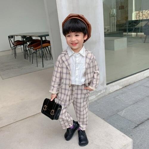 Plaid Button Spring Summer Kids Clothes Suit Baby Boys Coat + Pants 2pcs/Set Kids Teenage Top Sport Childrens Day Gift Formal