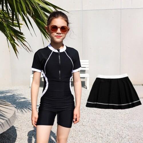 Girls Patchwork One Piece Swimsuit Swimwear Beachwear Sport Bathing Suit Children Short Sleeve Shorts Zipper With Skirt