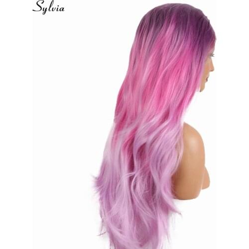 Sylvia Three Tone Dark Lilac Purple Ombre Pink To Pastel Lavender Heat Resistant Fiber Long Nature Wave Synthetic Lace Front Wig