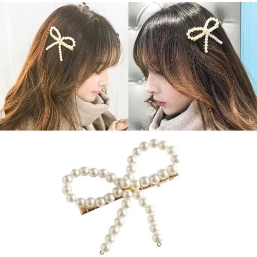 Women Girls Pearl Bow knot Hair Clip Snap Hair Barrette Stick Hairpin Hair