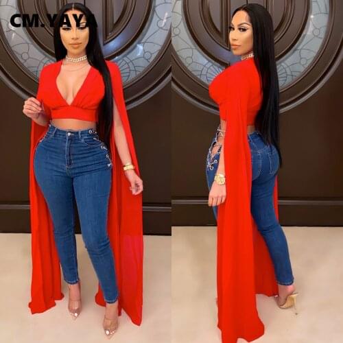 CM.YAYA Solid Womens T-shirts Deep V-neck Floor-lengt Sleeve Sexy Crop Tops Office Lady Streetwear Fashion Tops Summer 2021