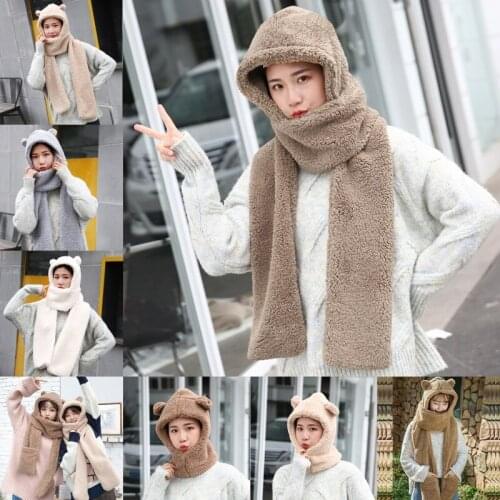 Women Winter Warm Plush One-Piece Hat Scarf Bear Ears Thermal Hooded Earflap Cap