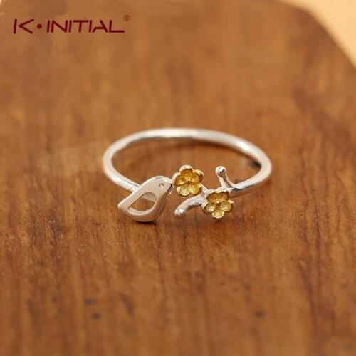 Kinitial Fashion Golden Plum Flower Branch Rings Cute Animal Bird Leaves Ring For Women Girl Statement Finger Adjustable Jewelry