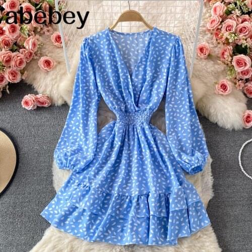 2021 New Spring Autumn Temperament V-Neck long sleeve Dress Ruffles high waist pleated floral print mid-long A-line Dress