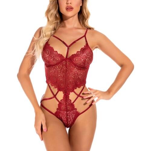 2021 Women Sexy Close-fitting Sexy lingerie Bodysuit Black Sleeveless Deep V-neck Lace Hollow-out Adult Sex Body