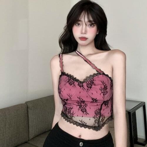 2021 Women Harajuku Slim Short-Sleeved Pink Party Tank Top Female Posh Summer Korean Fashion Lace Sexy Lace Vest Female Vest
