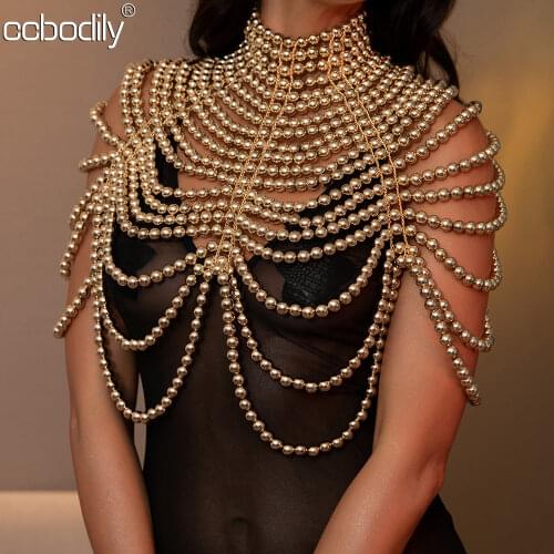 Fashion ABS Pearl Shawl Necklaces Women Collar Shoulder Chain Pendants Bra Necklaces Sexy Body Jewelry Accessories STL-201