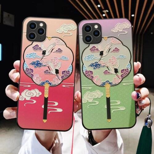 3D Emboss Chinese style Fan Phone Case For iPhone X XS XR 11 12Pro MAX 7 8 Plus Soft TPU Back Cover Beautiful Tassel case Coque