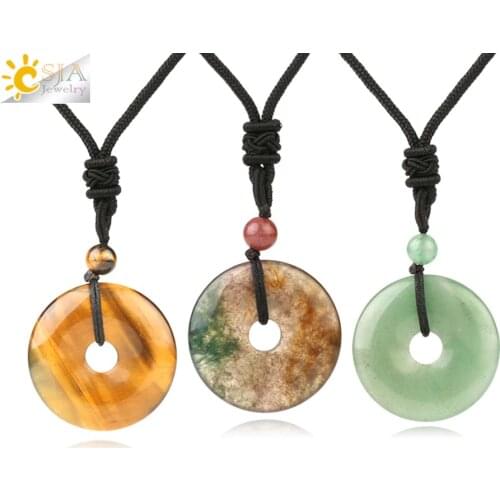 CSJA Natural Stone Donut Necklace for Women Round Crystal Pendant Men Dragon Blood Green Aventurine Agates Handmade Collier S458