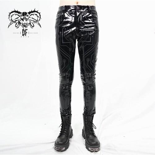 Devil Fashion Mens Gothic Bright Pu Leather Pencil Trousers Stage Performance Casual Thick Long Pants