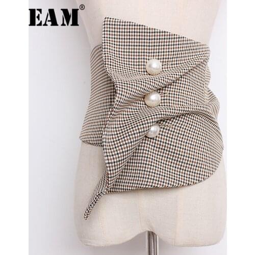 [EAM] 2021 New Spring Summer Black Irregular Plaid Printed Pearled Nailed Irregular Stitch Wide Belt Women Fashion Tide JO621