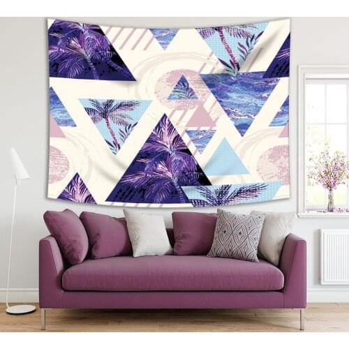 Tapestry Circles Triangles with Palm Tree Leaf Marble Bright Beach Theme Vintage Style Artwork Blue Purple Beige