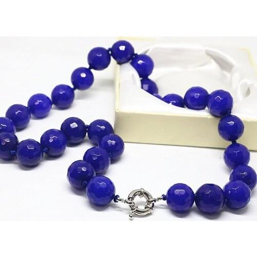 Classical blue lapis lazuli chalcedony jades faceted round beads 14mm pretty women fashion chain necklace jewelry 18inch B1504
