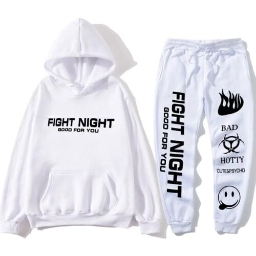 Set printed long sweatshirt + sports pants men and women white street clothing trousers autumn and winter fashion hoodie + pants