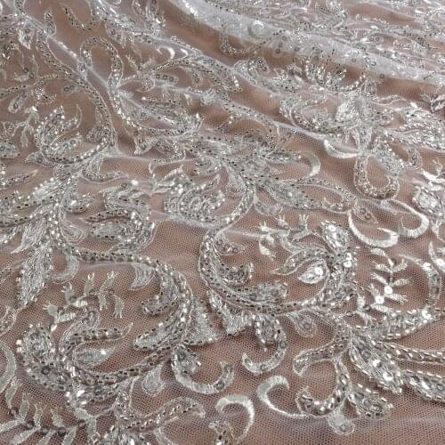 2021 new lace fabric,1 Yard Silver lace,long patterns beading lace fabric,large patterns lace,good quality lace