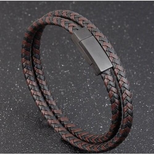 Fashion Unisex Multi-layer Woven Leather And Stainless Steel Combination Mens Leather Bracelet Black Brown Male Jewelry Gift