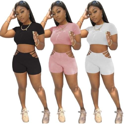 RStylish Fashion Women Set Solid Short Sleeve Crop Tops Hole Strechy Biker Shorts Summer 2021 Two Piece Outfits
