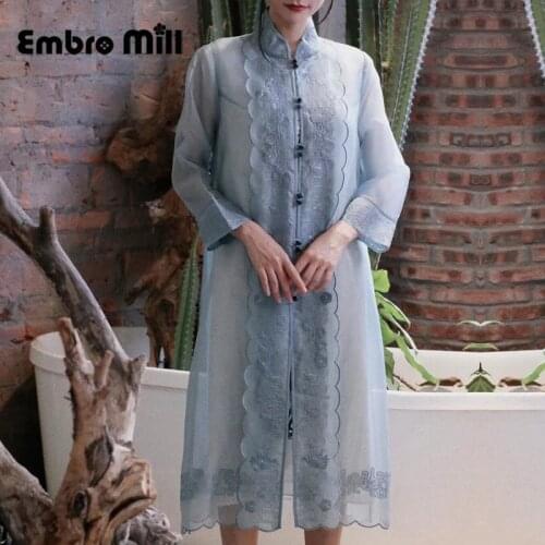 New Summer Chinese Style Retro Windbreaker Embroidered Artistic Tea Clothes Single-Breasted Middle Length Coat M-3XL