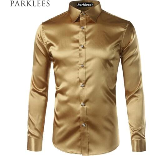 New Gold Silk Satin Shirt Men Chemise Homme 2017 Fashion Mens Slim Fit Long Sleeve Emulation Silk Button Down Dress Shirt Red
