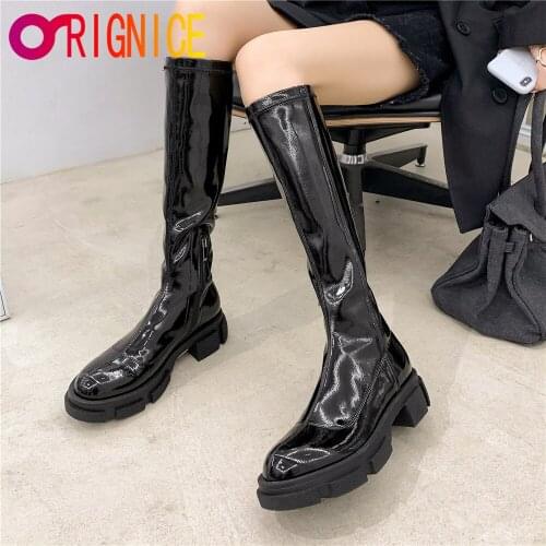 Orignice Autumn Winter 2021 Chunky Platform Women Black Patent Leather Knee High Boots Thick Bottom Round Toe Zipper Party Shoes