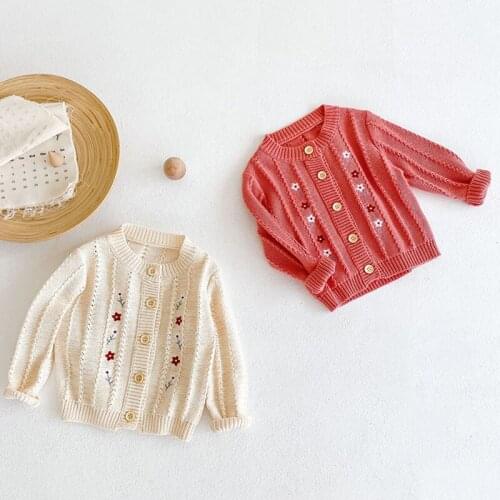 Autumn Winter Infant Baby Girls Knitted Cardigan Sweater Flower Embroidery Infant Baby Girls Long Sleeved Knitted Sweater Coat