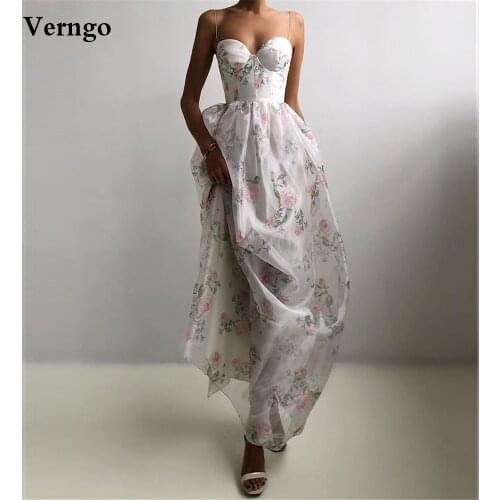 Verngo 2021 New A Line Floral Printing Evening Dresses Spaghetti Straps Ankle Length Party Gowns Women Maxi Prom Dresses