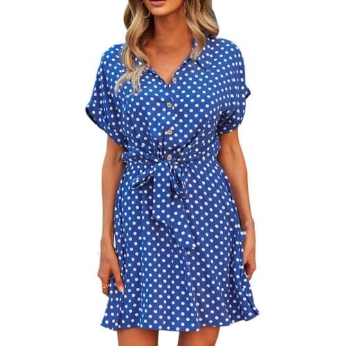 Ladies Dress Polka Dot Print A-line Turn-down Collar Women Casual Short Sleeve Summer Dress robe femme платье летнее женское2021