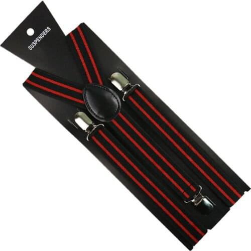 Winfox 2.5cm wide Women Striped Suspenders Black White Red Mens 3 Clip-on Business Braces Pants Suspender