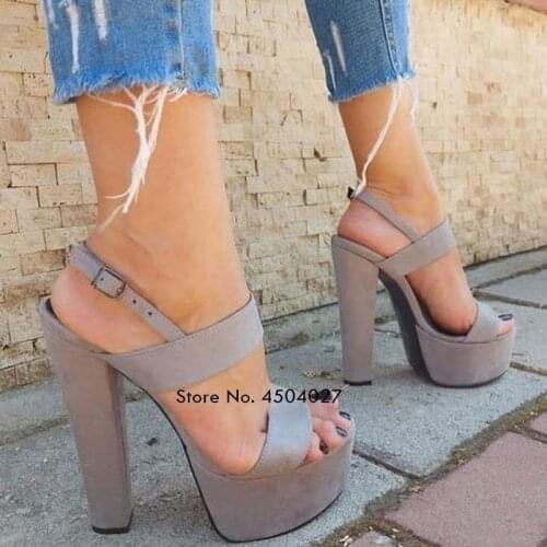 Hot Gray Suede Chunky Heel Sandals Ladies Gorgeous Platform Buckle Strap Wedding Shoes Dress Pumps
