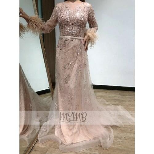 MYMB Stunning Muslim Evening Dress Pink Long Sleeves Bodice Ruffle Beaded Feather With Cloak Evening Gowns For Women Large Sizes