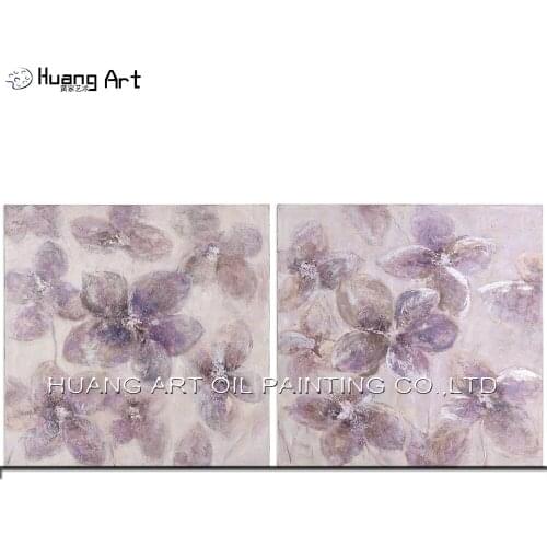 Hand Painted Beautiful Purple 2 Pieces Abstract Flowers Painting for Room Wall Decor Handmade Modern Oil Painting on Canvas Art