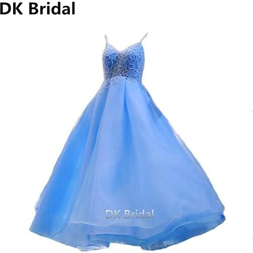 Prom Party Dresses A-Line V-Neck Spaghetti Strap Beading Sequined Blue Evening Dresses Formal Dress vestidos de fiesta de noche