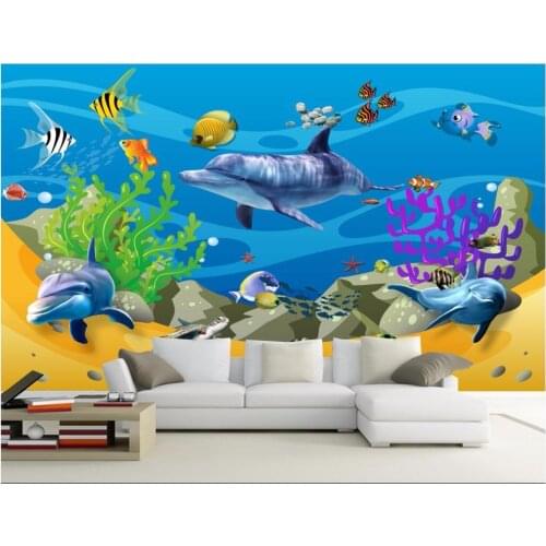 WDBH custom mural 3d wallpaper Cartoon sea dolphin children room background wall painting 3d wall murals wallpaper for walls 3 d