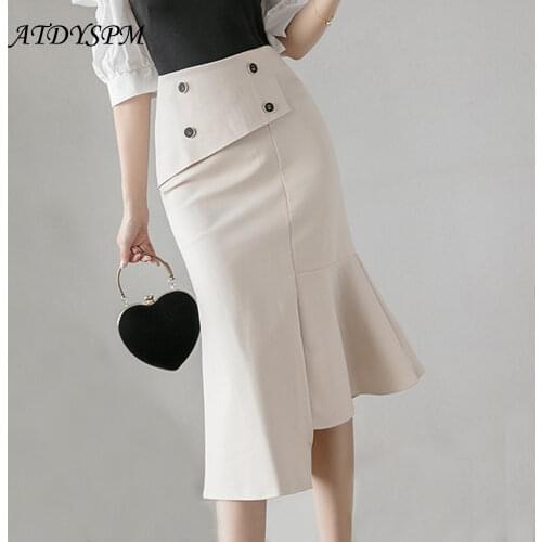 Folded High Waist Irregular Mermaid Skirts For Women Office Lady Elastic Midi Skirt Double-Row Buttons Party Package Hip Skirts