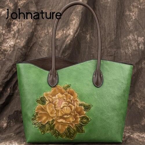 Johnature Retro Genuine Leather Women Tote Bag Luxury Handbag 2021 New Casual Large Capacity Nature Cowhide Shoulder Bags
