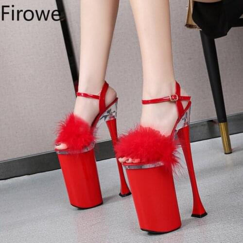 Firowe Women Fur High Heel Platform Shoes Nightclub Super High Heels Car Model Sandals Female Catwalk Pole Dance Shoes 26cm