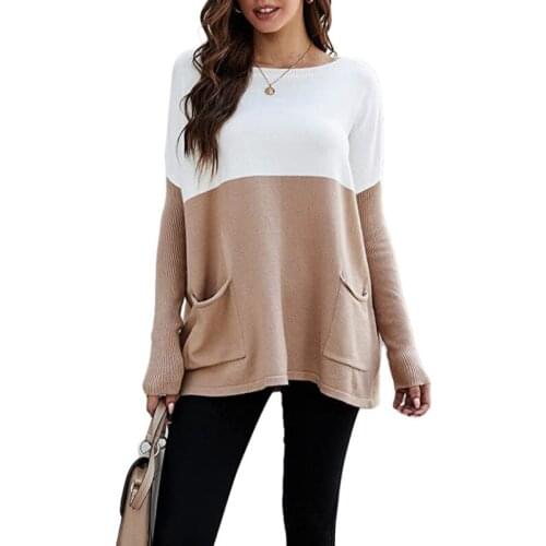 Women Loose Style Pullover, Variegated Color Patchwork Long Sleeve Round Collar Shirts Tops Spring Autumn