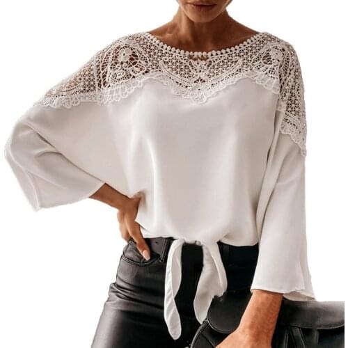 Lady Top Crochet Solid Color Round Neck Lace Stitching Hollow Fall Shirt for Work