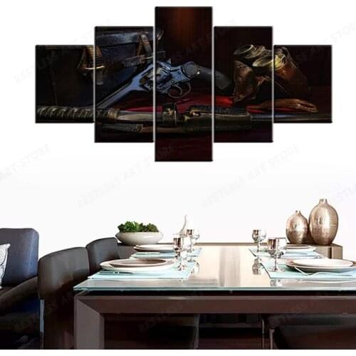 5 Piece Modern Home Decor Giclee Framed Gallery Artwork for Walls Guns with Ammunition Paintings Military Handgun Pictures Canva