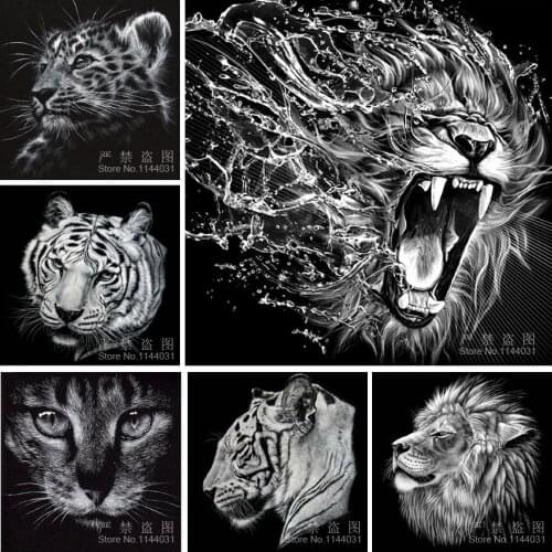 DIY 5D Diamond Painting Cross Stitch Full Diamond Embroidery Tiger Cat Lion Mosaic Pasted Painting Black & White Animal Portrait