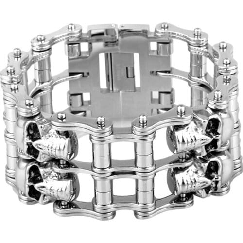 Mens Gothic Silver Stainless Steel Skull Two Row Motor Biker Huge Wide Bracelet 38mm9in