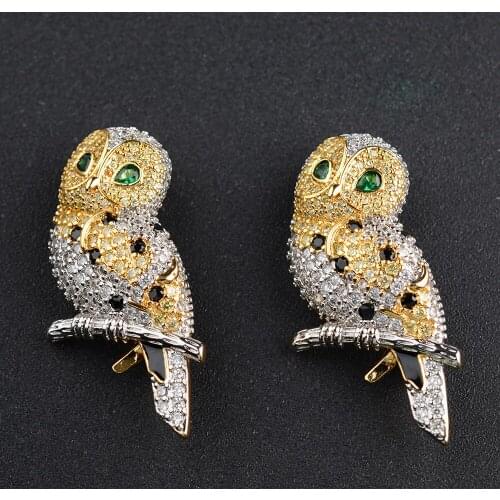 2pcs 45x18mm Cubic Zirconia 24 K Gold Plated Owl Brooch Pin - Bird CZ Brooch Animal Jewelry