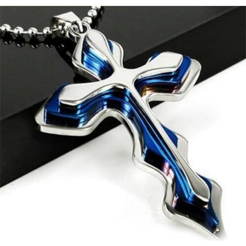 New Fashion Necklace Men Creative Three-tiered Blue and Black Cross Pendant 50cm Beads Chain Necklace Jewelry Gifts for Men