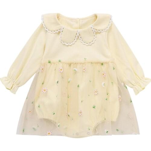 Baby Newborn Girls Princess Romper Dresses Infant Toddler Spring Long Sleeve Patchwork Print Tulle Rompers Dresses 0-24M